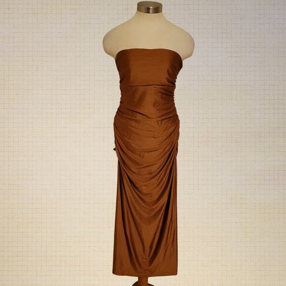 Ruched Strapless Satin Midi Dress Brown Lulu's Small Evening Cocktail - Picture 1 of 9